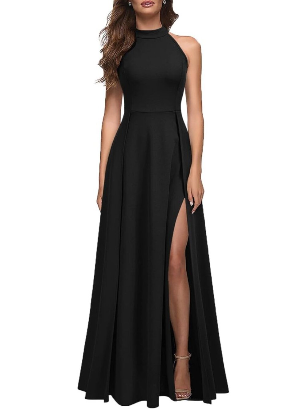Women's Black Halter Neck Sexy Split Cocktail Party Formal Long Maxi Dresses